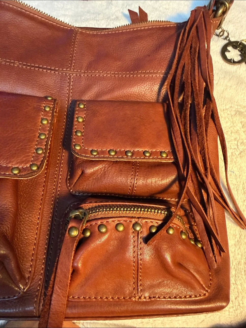 Lucky Brand 100 % Leather Women’s Brown Crossbody Bag  Fringe & Studded Pockets